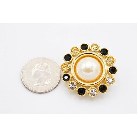 Givenchy Vintage Crystal Clip On Earrings Black Gold Pearl Chunky Signed 80s 9C - Picture 12 of 12